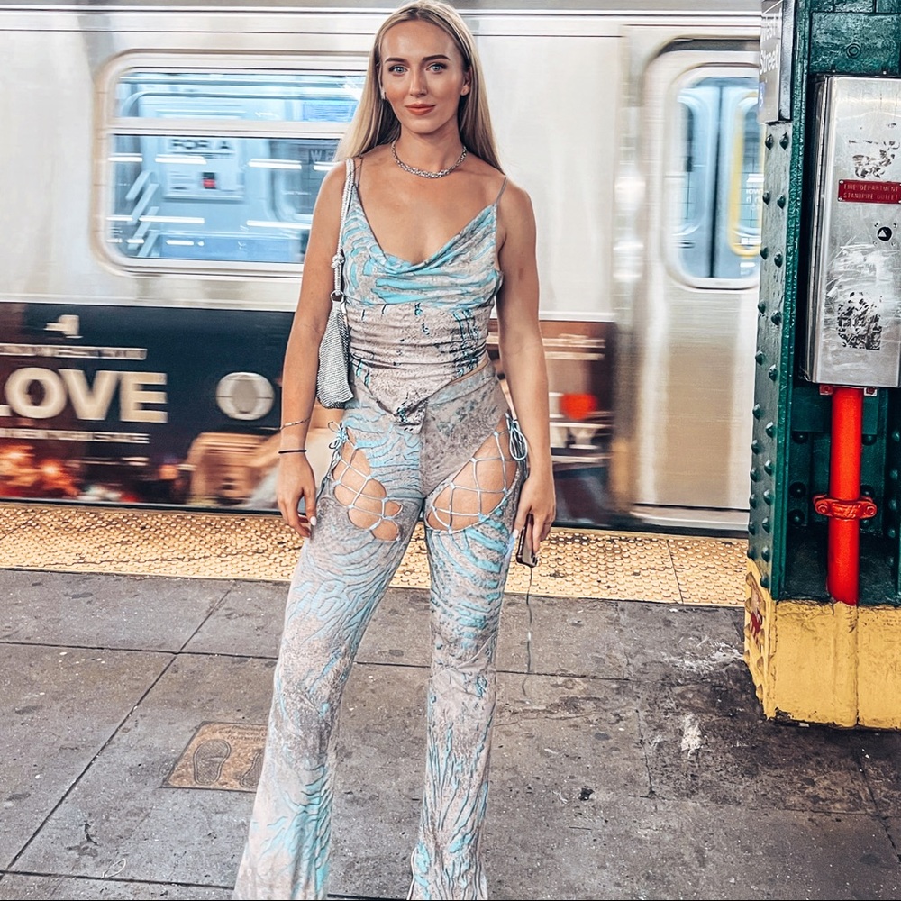 The Denise and Maxine trouser set in aqua zebra by poster girl